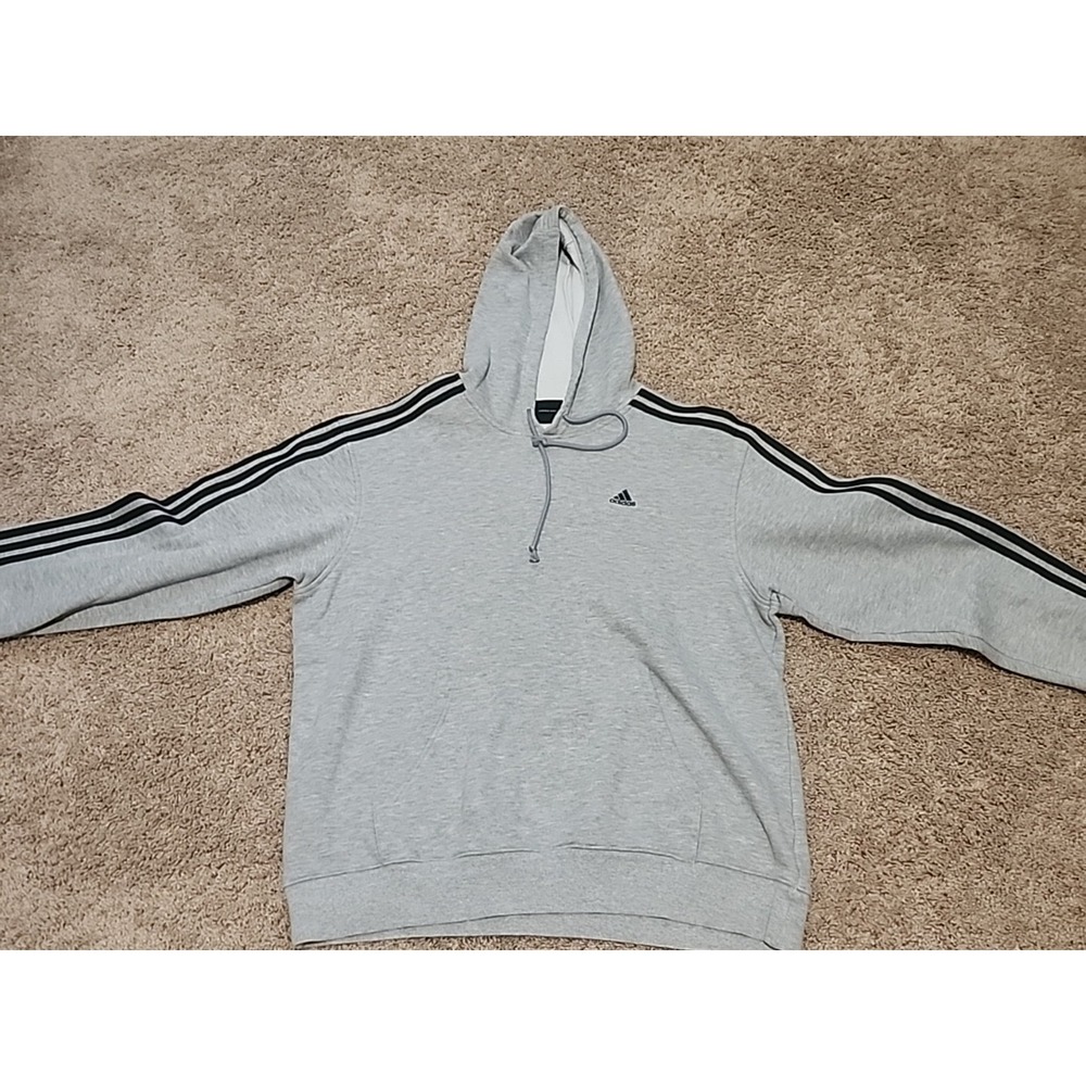 Vintage Adidas Men's Large Hoodie Pullover Gray Striped‎ Sleeves - Excellent